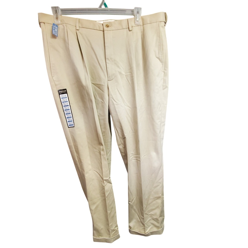 Haggar Mens Premium No Iron Khaki Pleated Classic Fit Pants 40x32 Sand HC10897